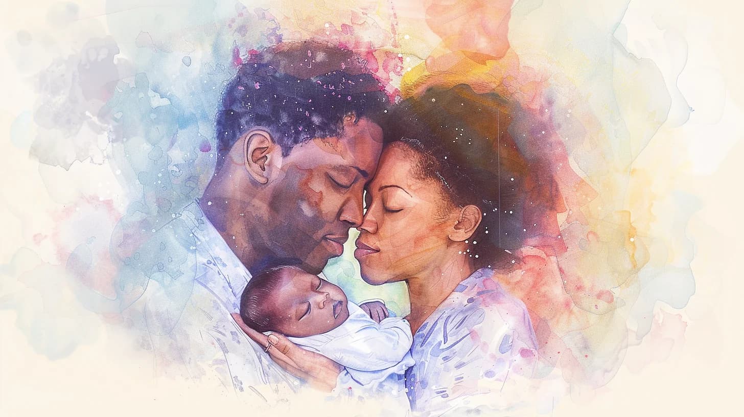 A couple holding their newborn together, sharing the work of early parenthood