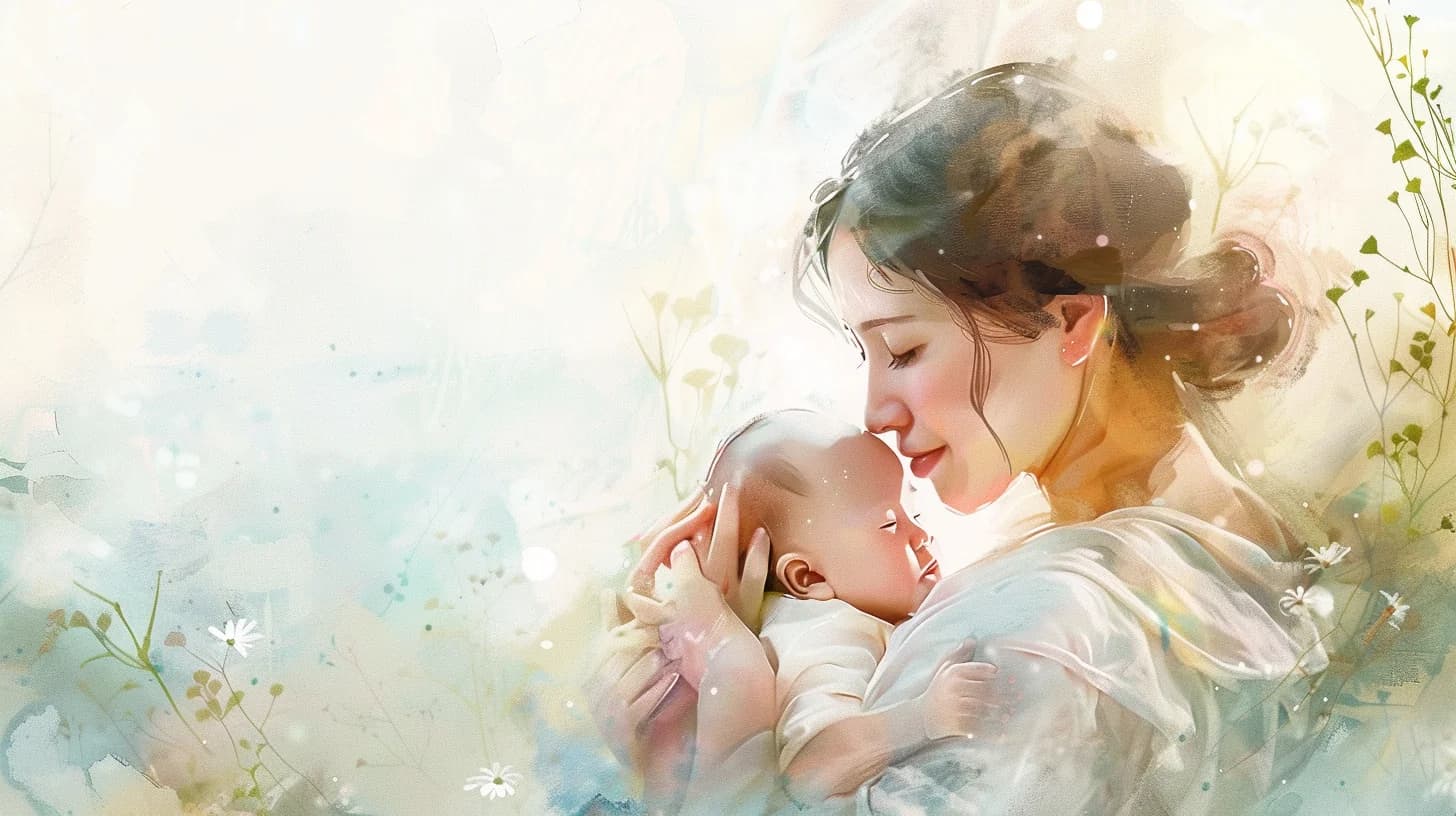 Watercolor of a mother holding her baby in a peaceful nursery