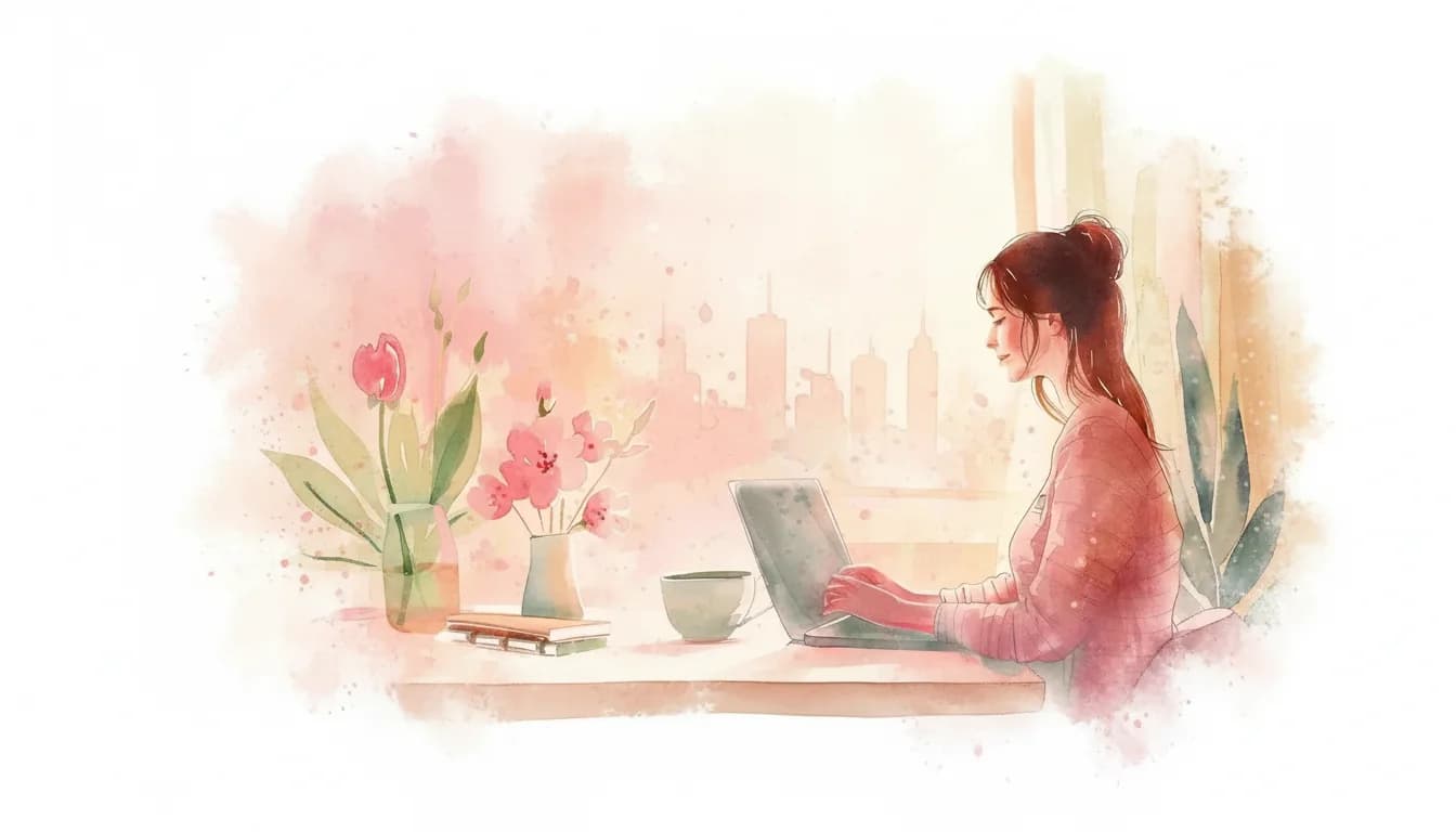 Professional woman at her desk pausing after an achievement, congratulations card and flowers nearby, looking quietly uncertain